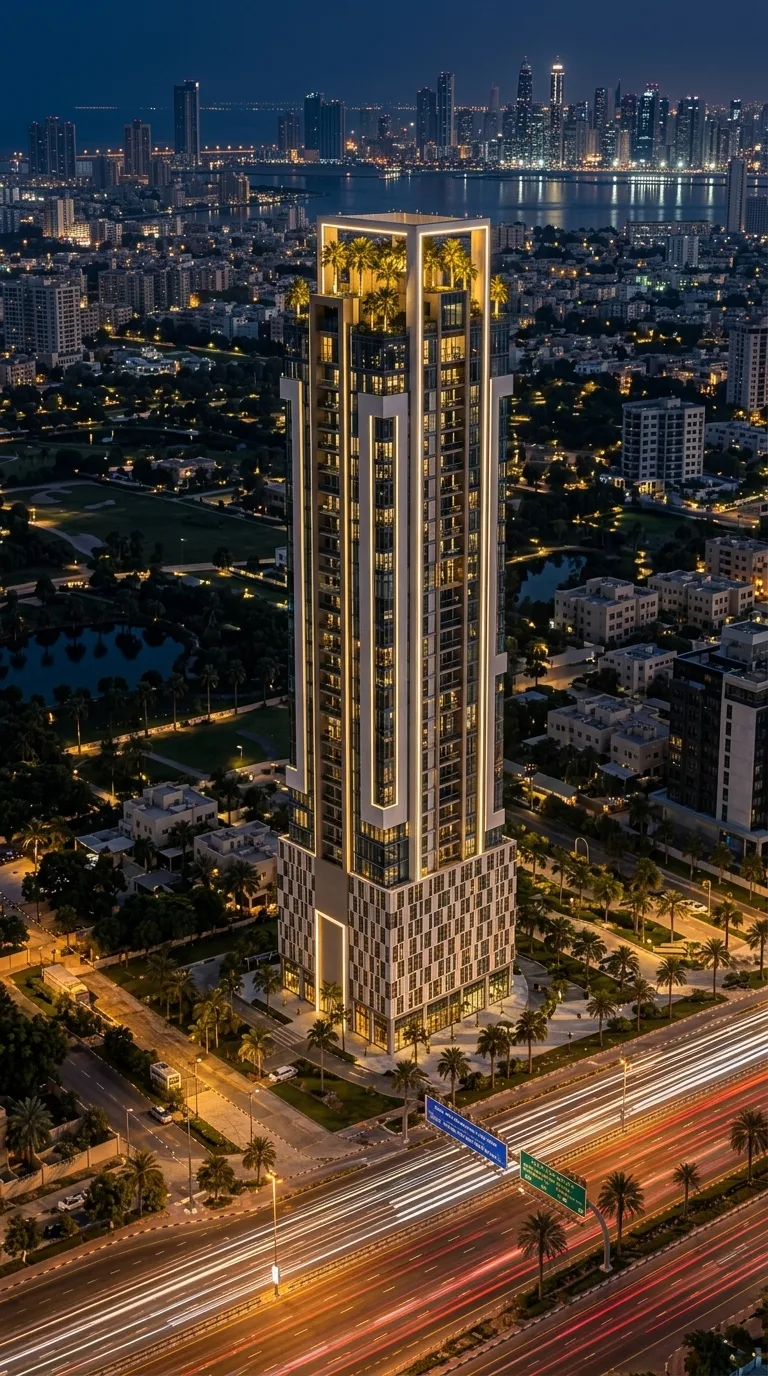 Vertical ad image of a lit tower facade at night