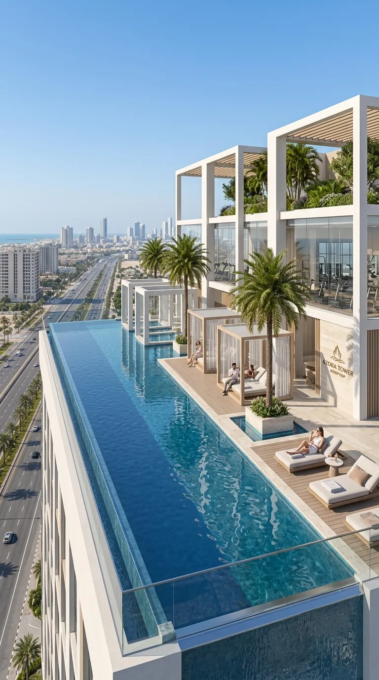 Vertical ad image of a rooftop pool and lounge