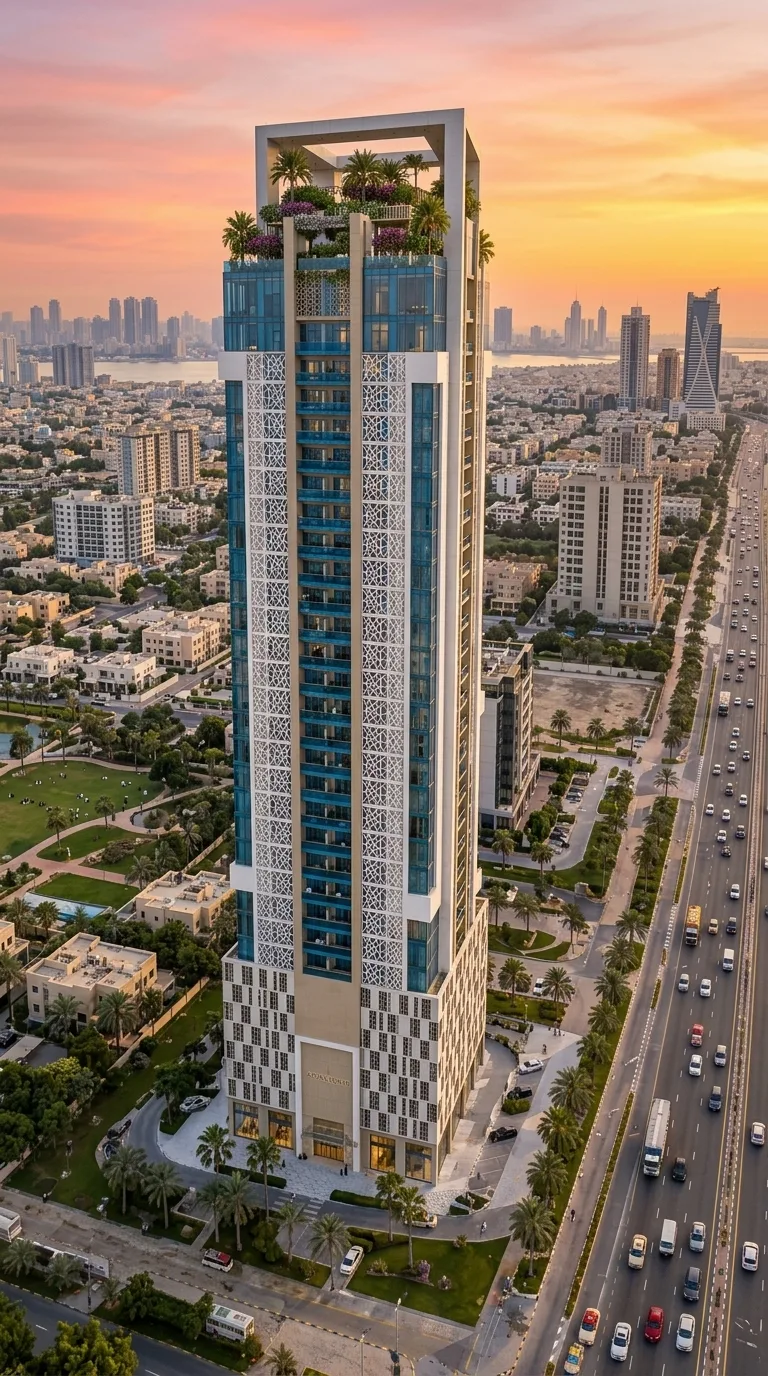 Vertical ad image of a residential tower at sunset