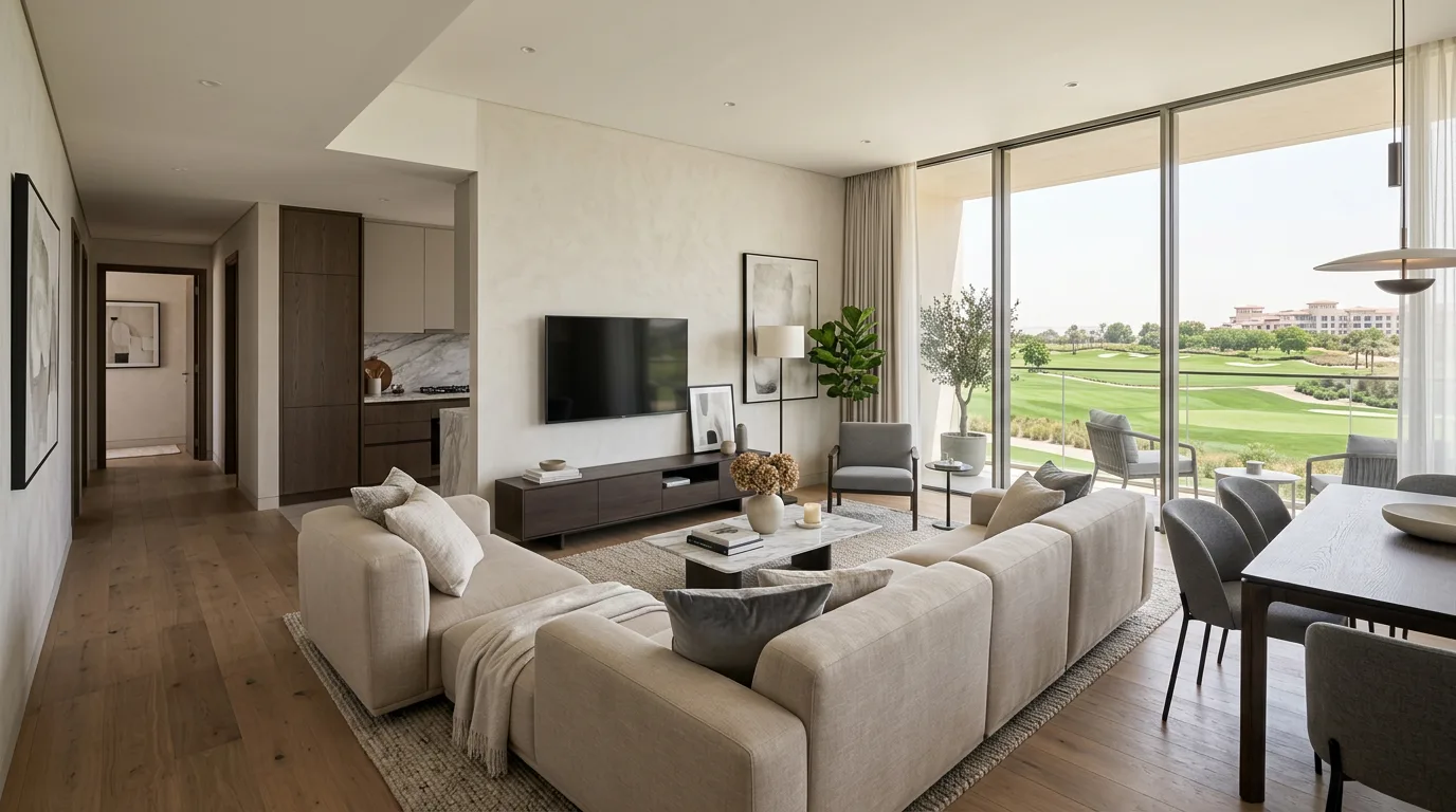 Interior render of a living room with a golf view