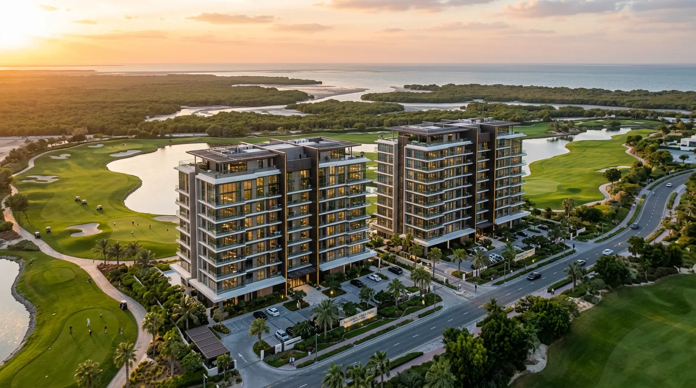 Render of residential towers by a golf course