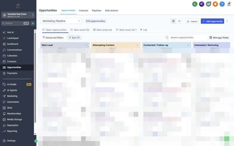 CRM opportunities board with stage columns; cards pixelated
