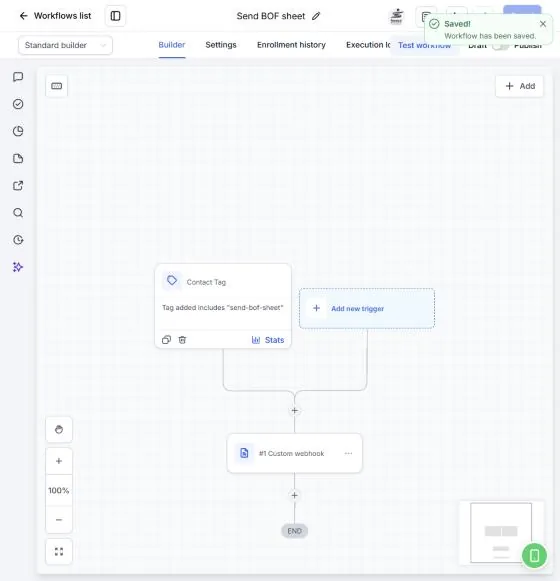 CRM workflow builder: tag added triggers a webhook