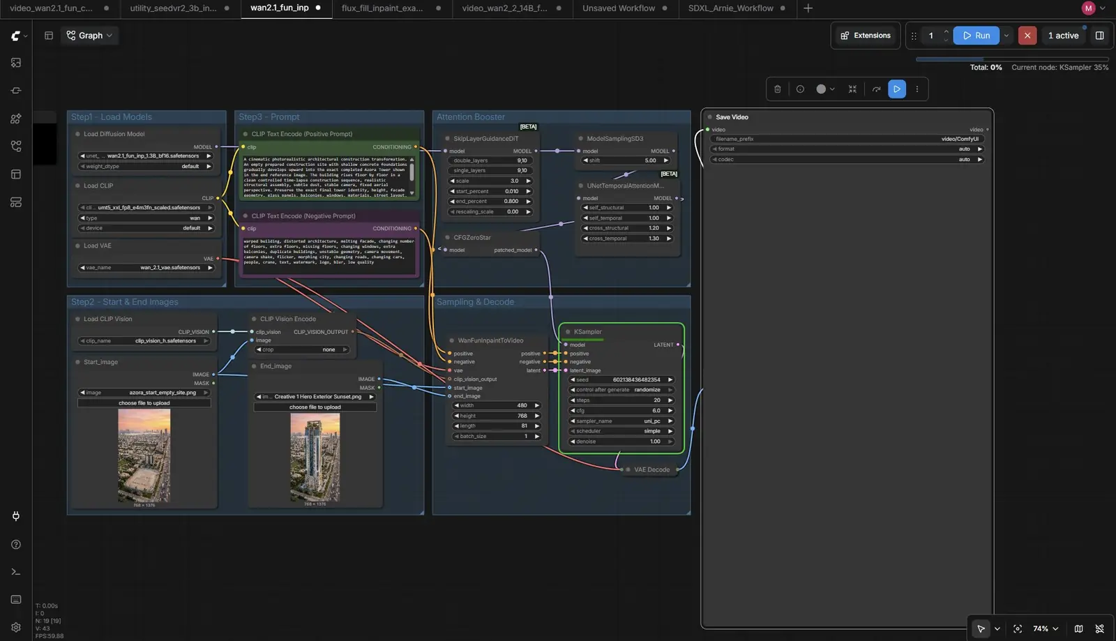 ComfyUI graph with start frame, end frame, prompts and sampler