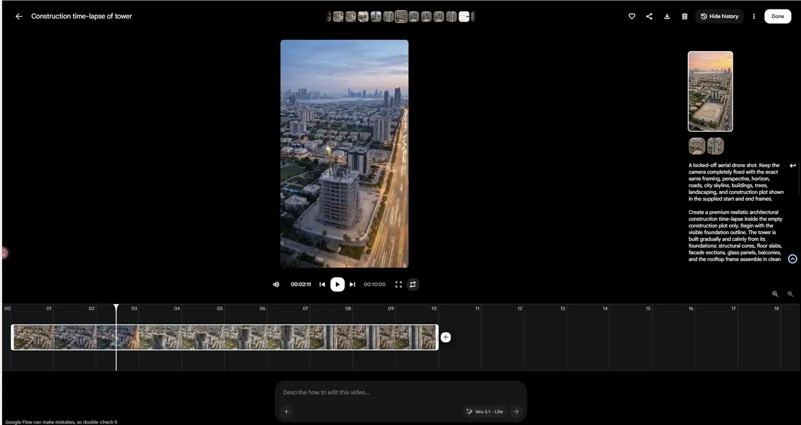 Google Flow editor with a construction time-lapse prompt and timeline