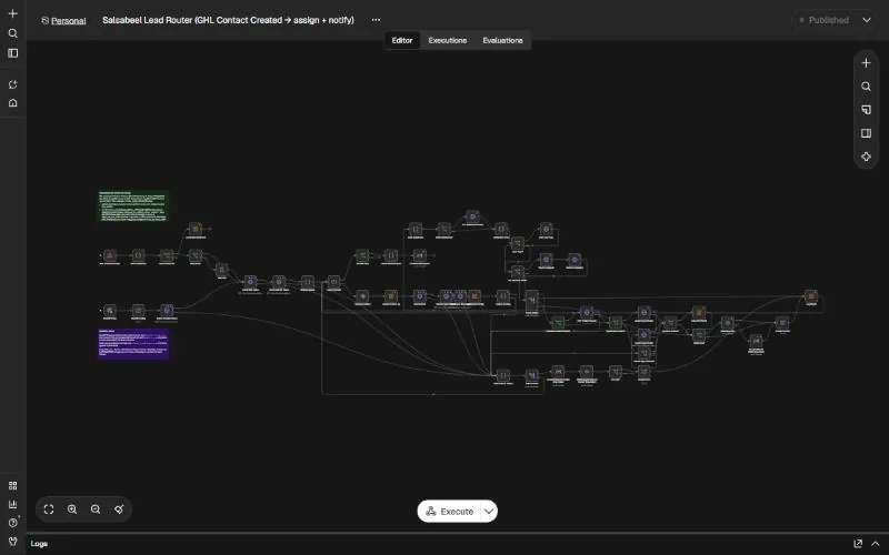 n8n editor canvas of the Lead Router workflow