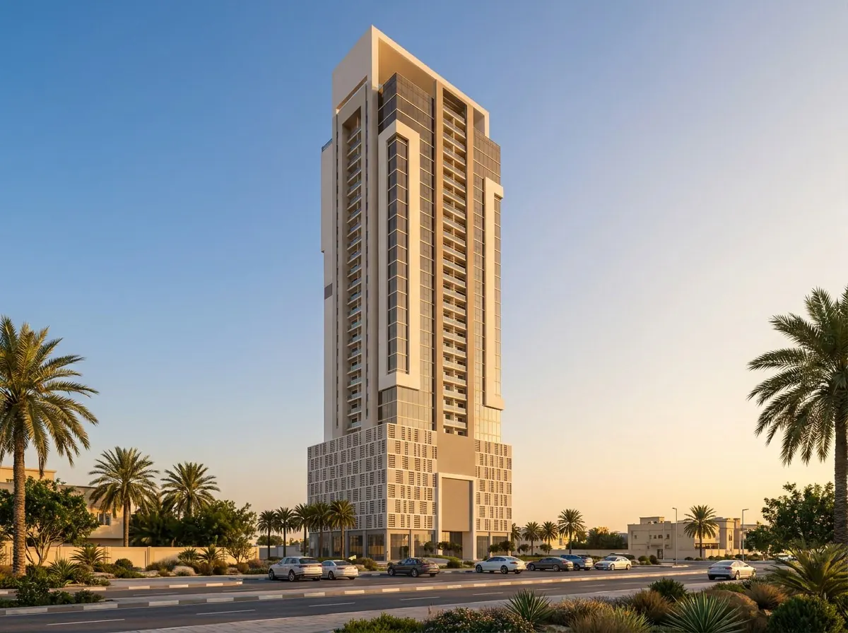 AI exterior render of a residential tower at dusk