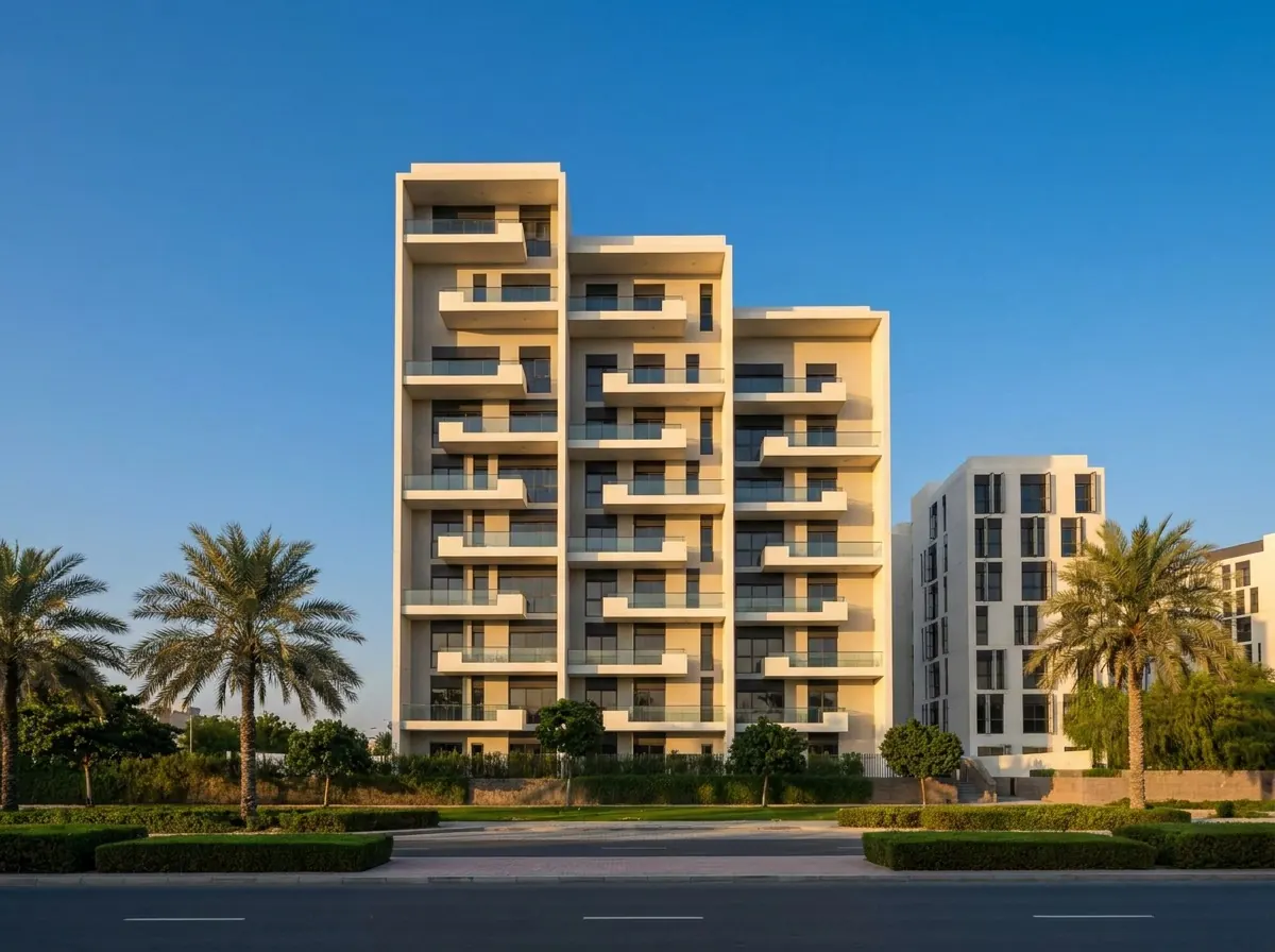 AI exterior render of a mid-rise residence by a golf course